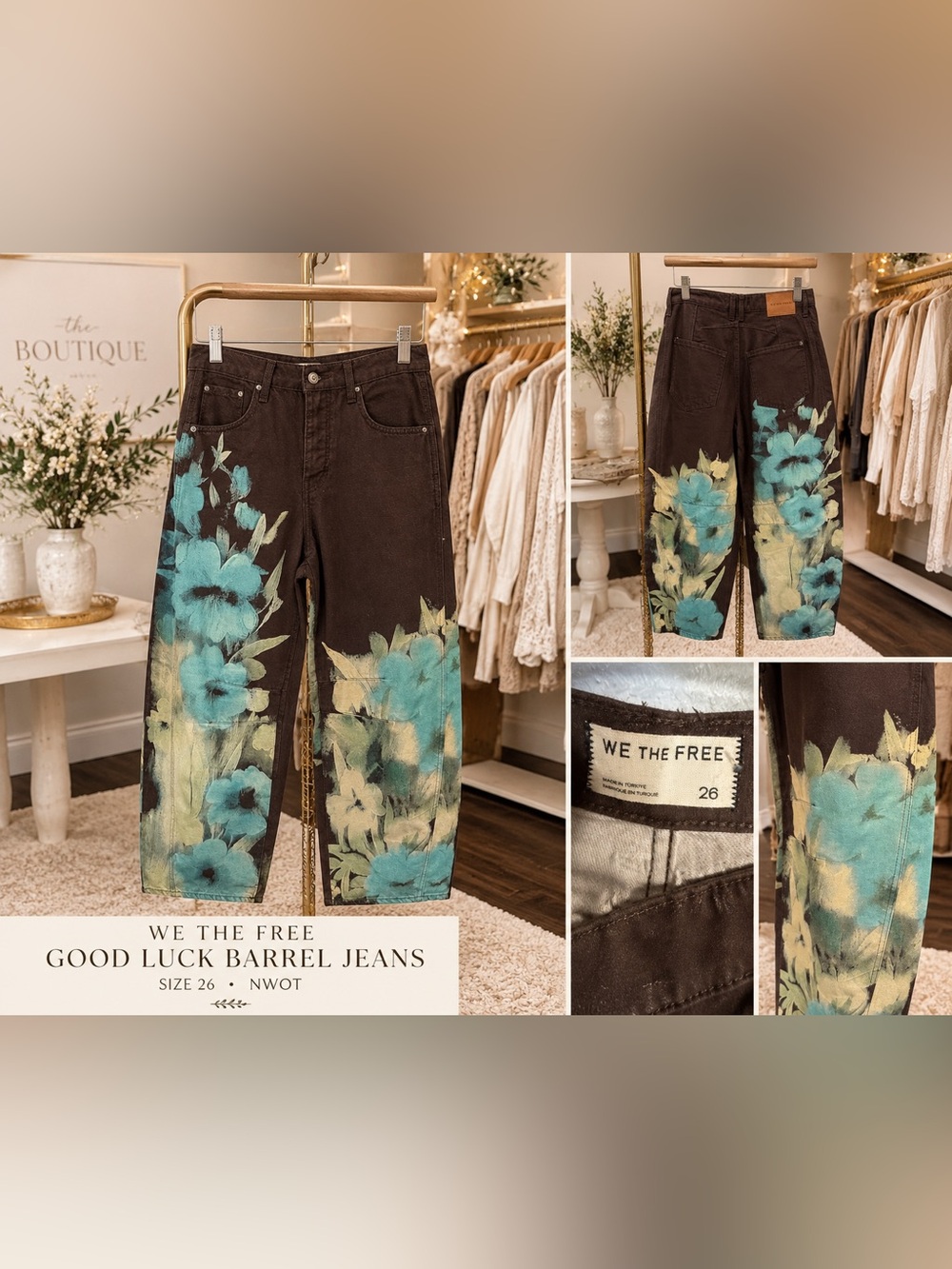 Free People We The Free Good Luck Floral Barrel Jeans Brown Blue Size 26 NWOT